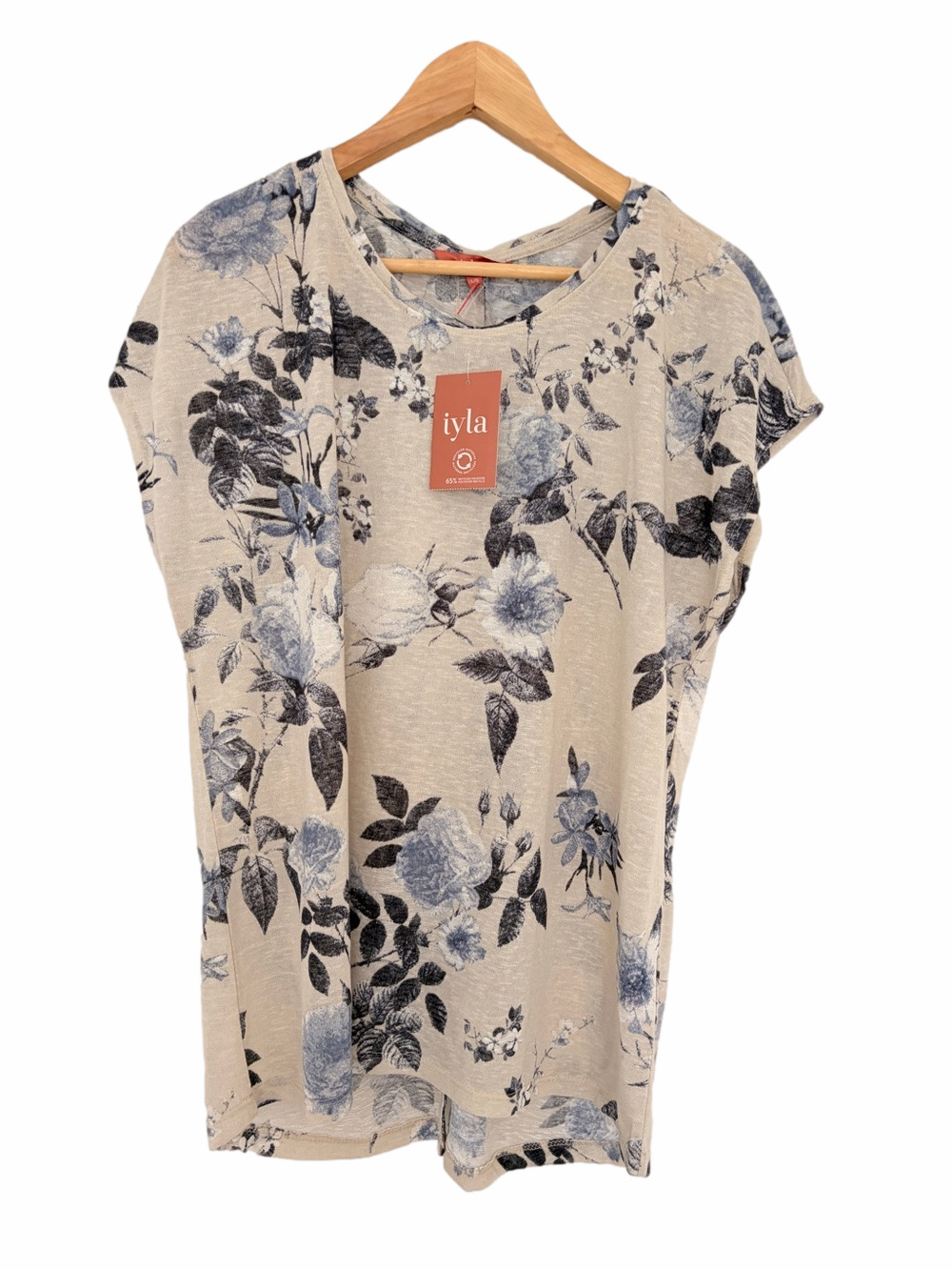 IYLA BEIGE/NAVY/BLUE FLORAL SHORT SLEEVE LIGHTWEIGHT TOP/TEE WITH BUTTON BACK, L